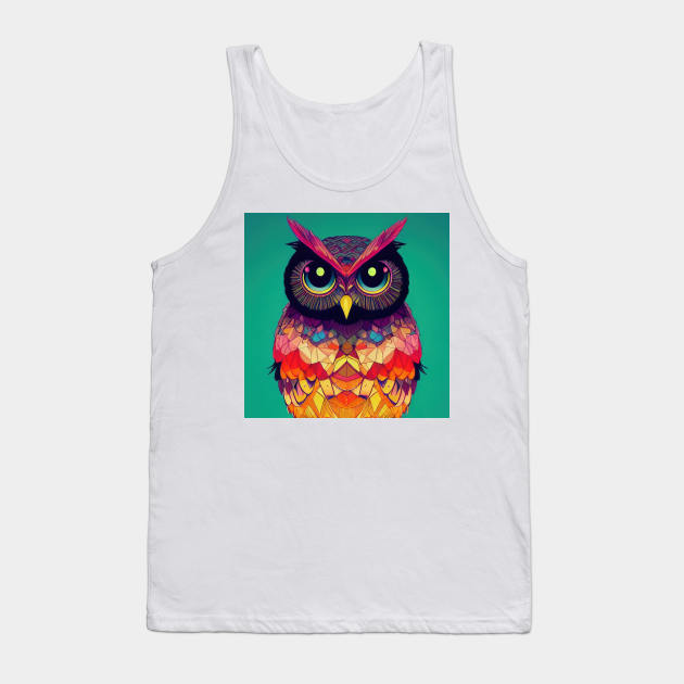 Colorful Owl Portrait Illustration - Bright Vibrant Colors Kawaii Bohemian Style Feathers Psychedelic Bird Animal Rainbow Colored Art Tank Top by JensenArtCo